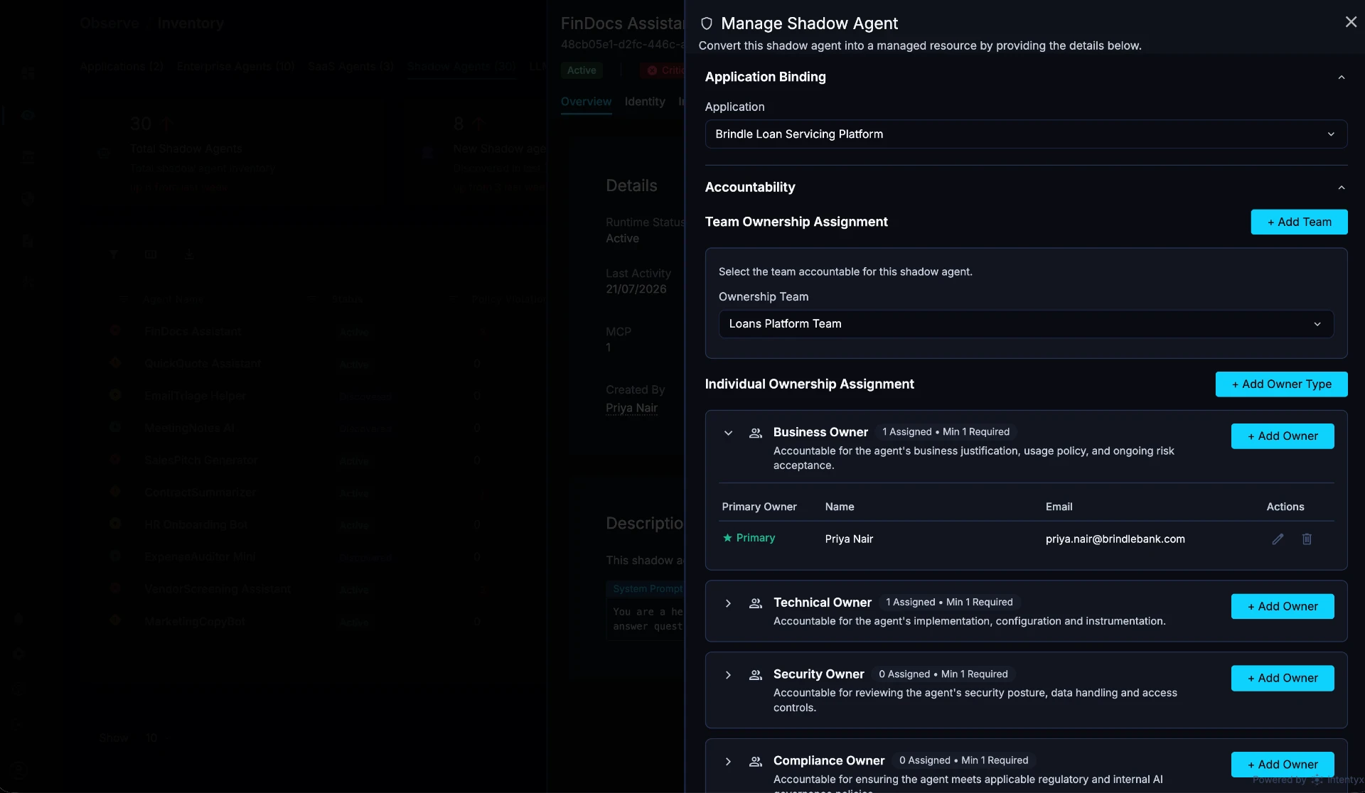 SMARE Manage Shadow Agent view showing application binding, team ownership assignment, and individual owner assignments