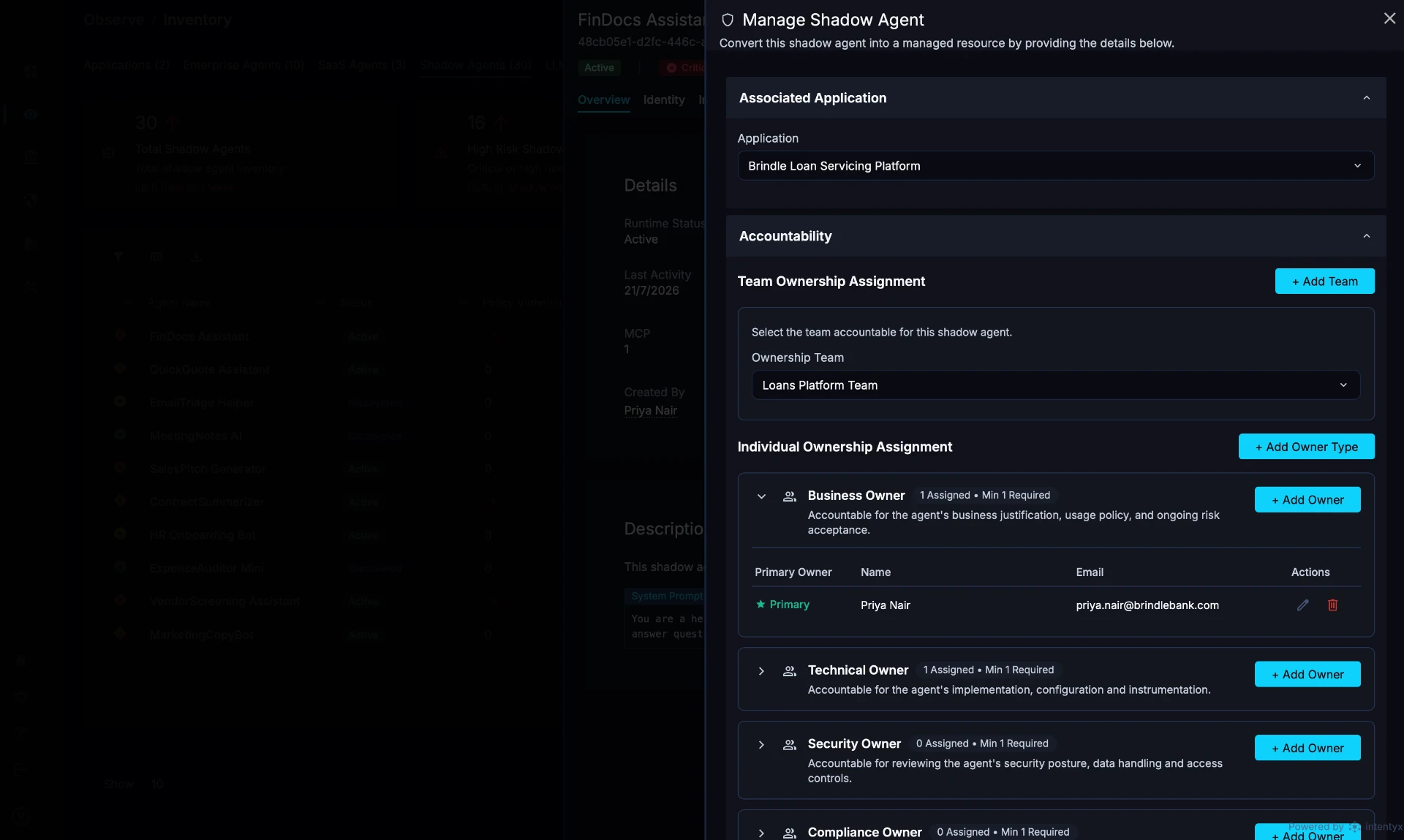 SMARE Manage Shadow Agent view showing application binding, team ownership assignment, and individual owner assignments