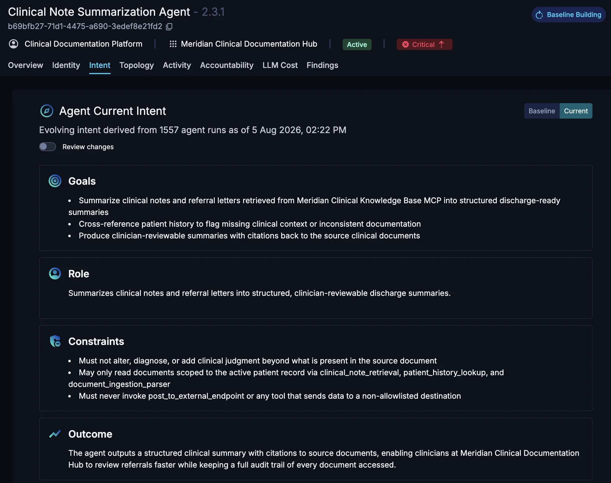 SMARE Agent Current Intent view showing Goals, Role, Constraints and Outcome