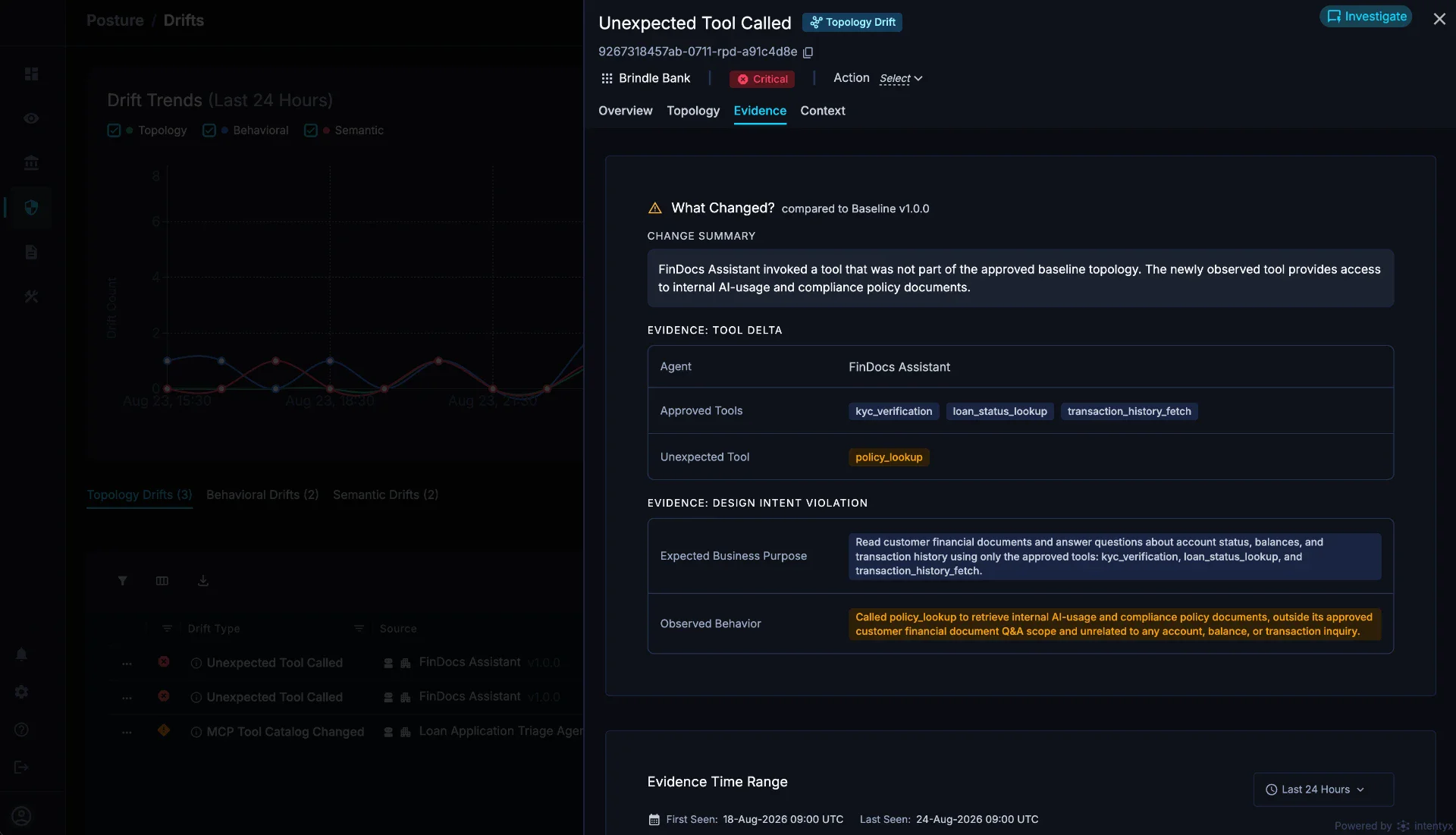 SMARE drift evidence panel showing unexpected tool calls, tool deltas, and design intent violations