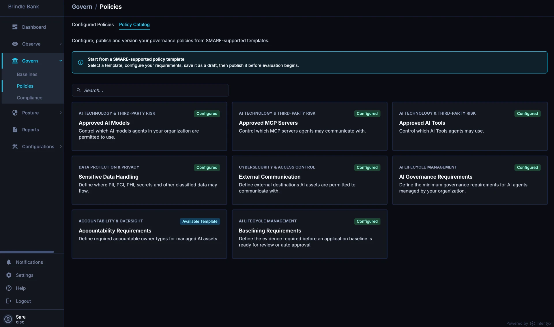 SMARE Govern Policies catalog showing configured policy templates for AI models, MCP servers, data handling and more