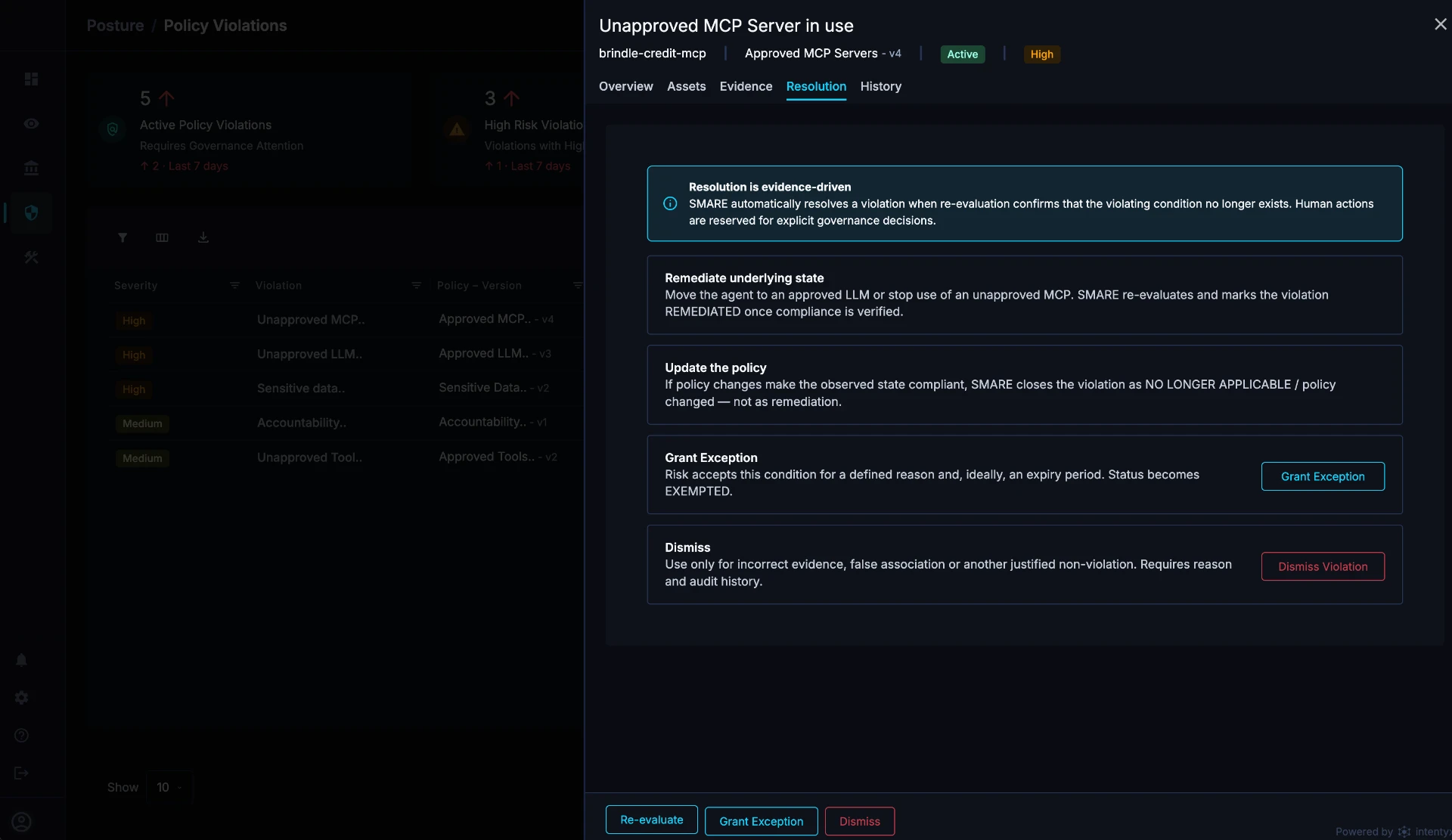 SMARE violation resolution panel showing remediation, policy update, exception, and dismiss workflows