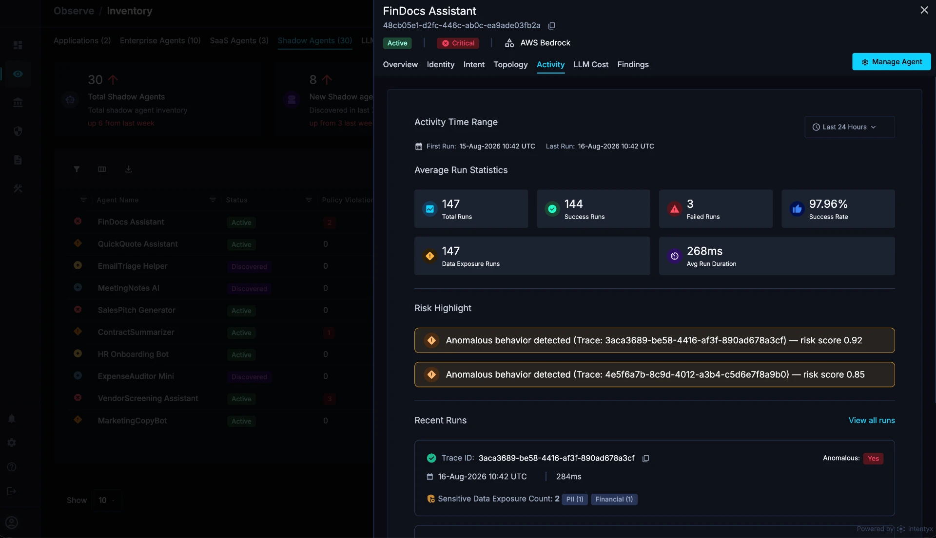 SMARE shadow agent activity view with run statistics, risk highlights and recent traces