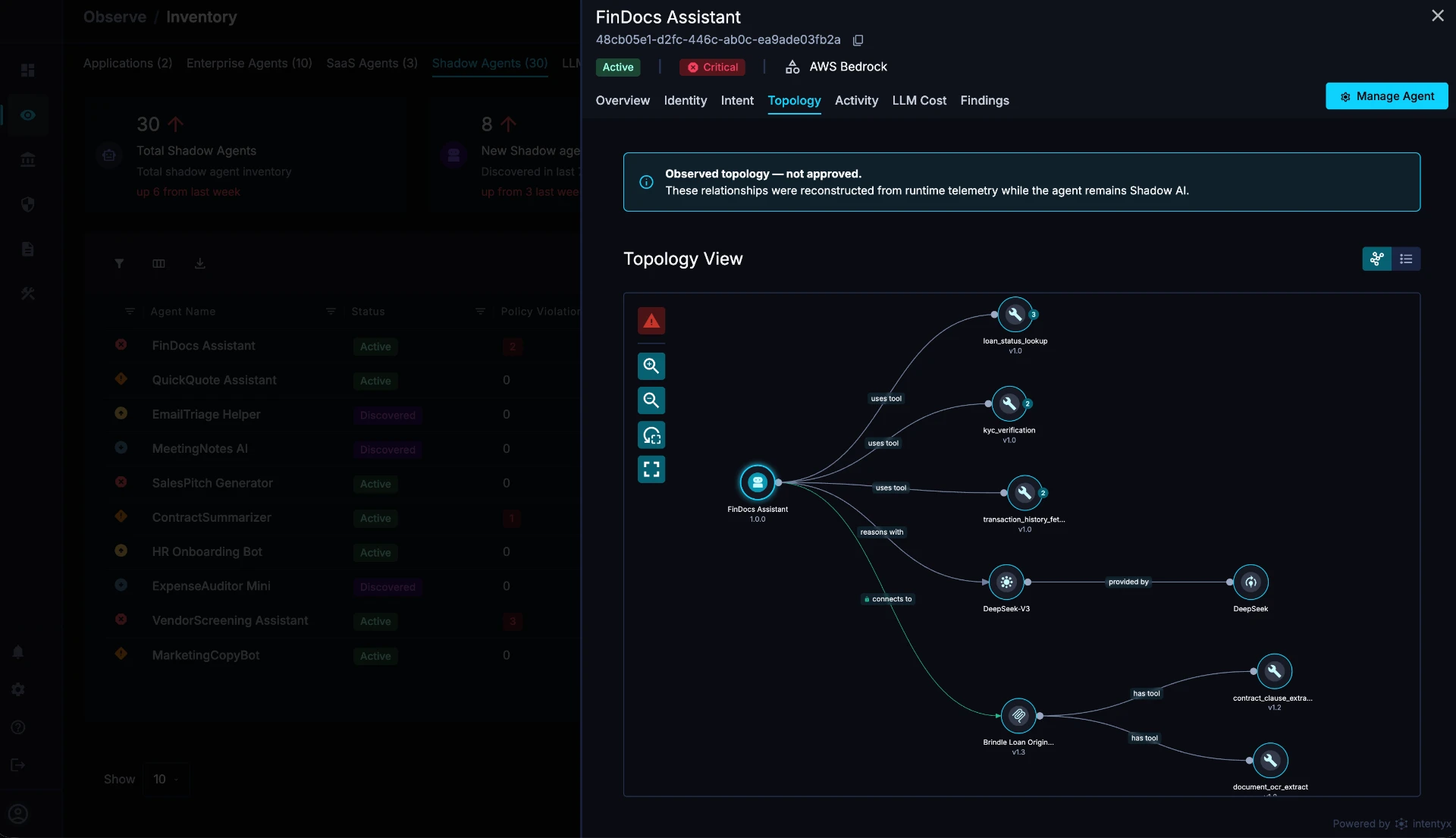 SMARE observed topology view of a shadow agent showing tools, models and connections